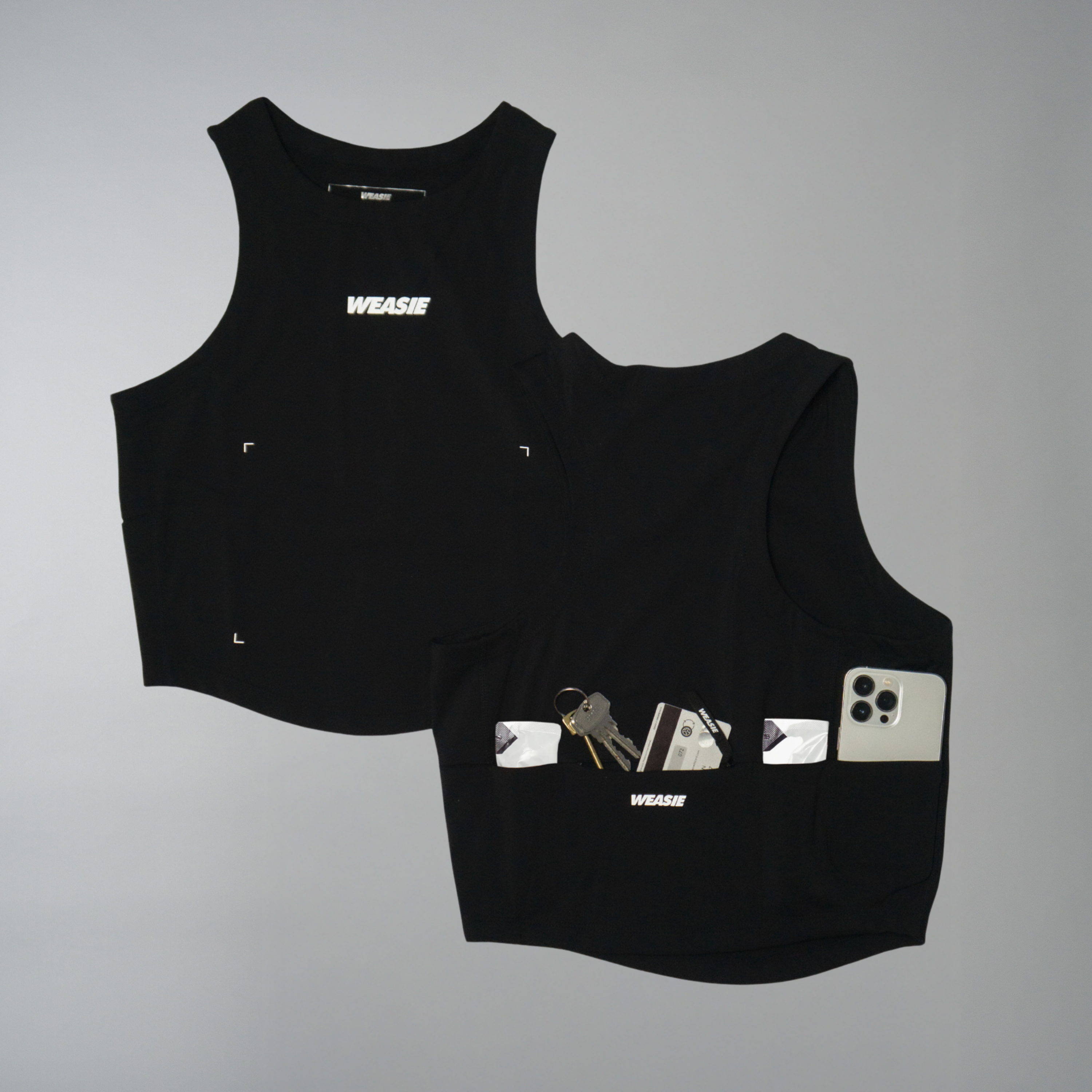 Women's black marathon running cropped top with gel and zip pockets – WEASIE