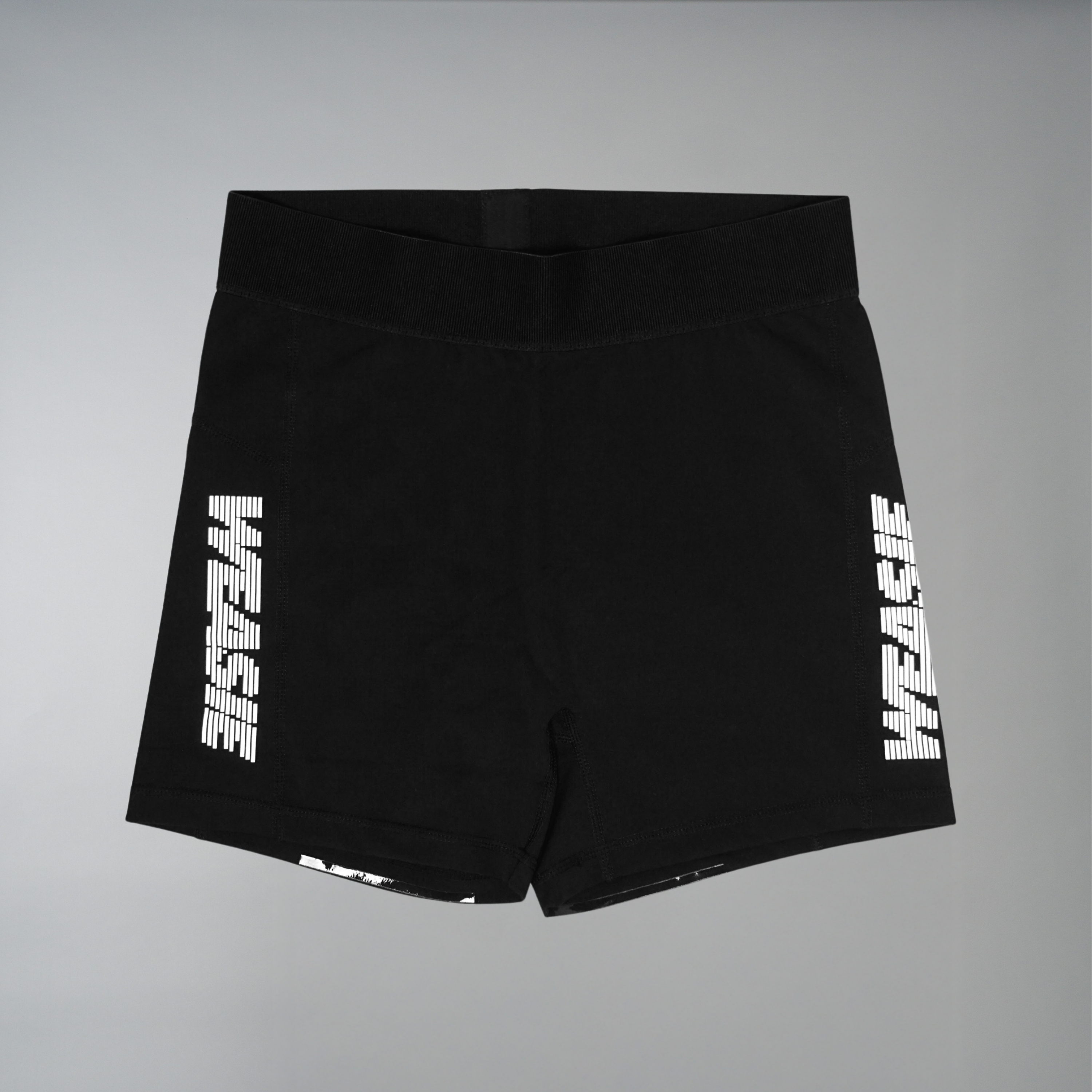 Women's black speed running shorts with WEASIE reflective logo, front view flat lay – WEASIE