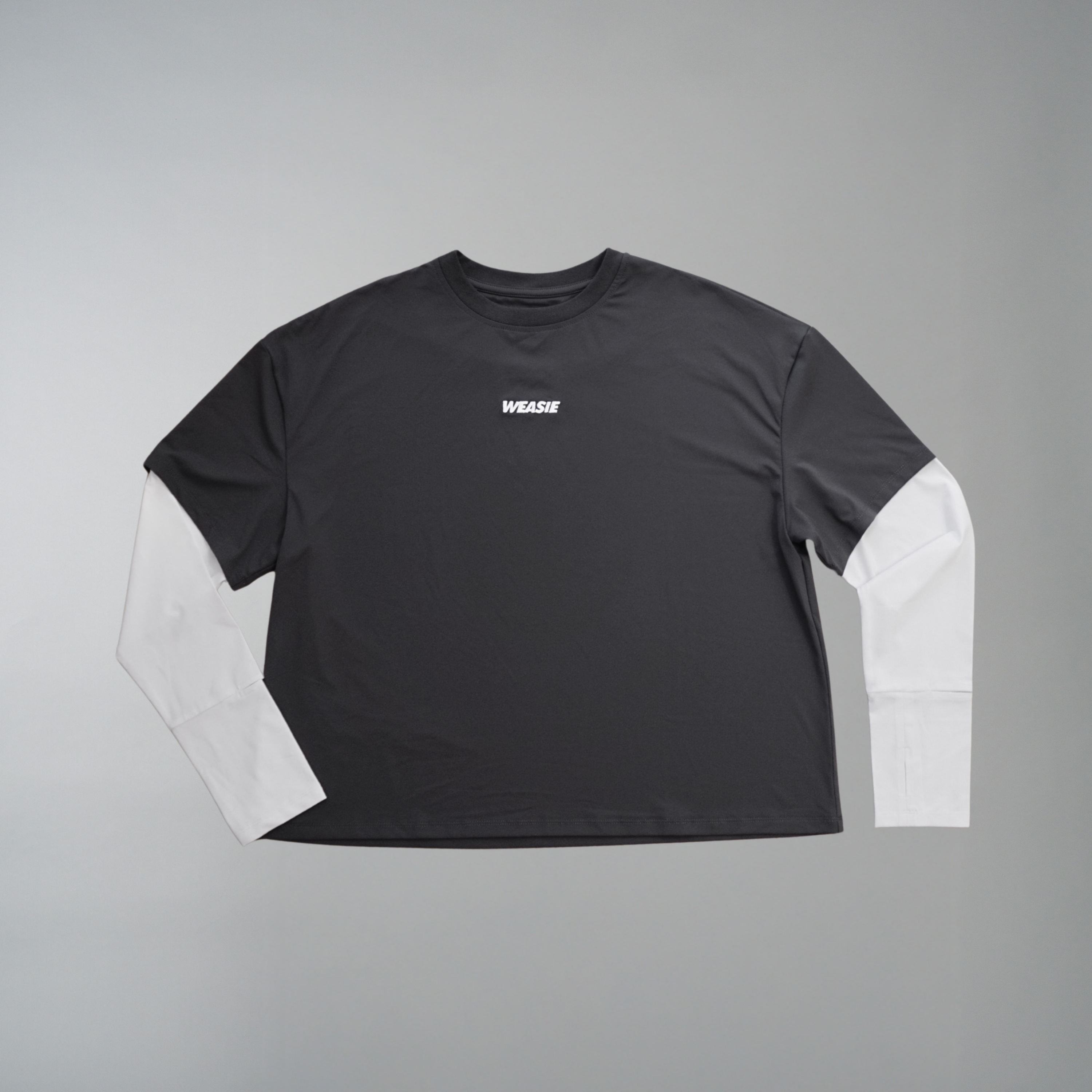 Women's grey running 2-in-1 long sleeve top with contrast mesh sleeves and embroidered logo – WEASIE